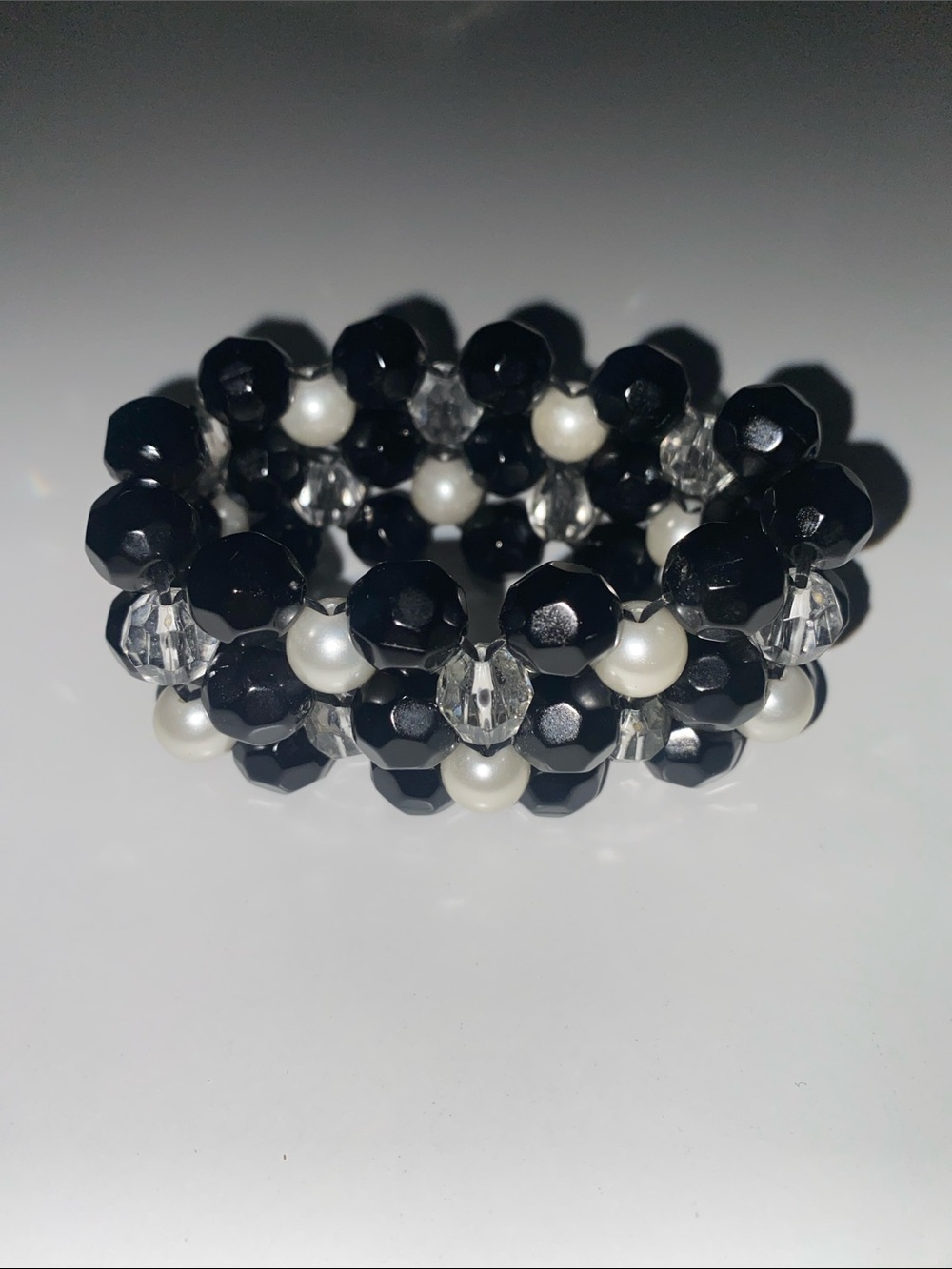 Large Black & White Beaded Stretch Bracelet